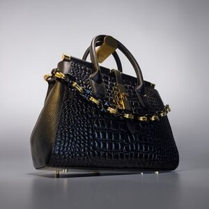 Black Crocodile-Embossed Satchel with Charms and Shoulder Strap  NWOT